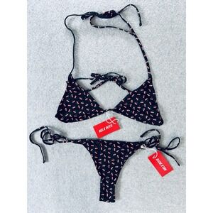 Full Send Cherry Print Bikini Triangle Top Tie String Swimsuit Black Medium New!